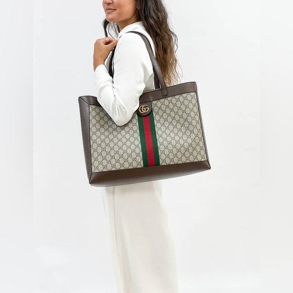 AUTHENTIC Gucci GG Supreme Monogram Web Ophidia Soft Tote Brown - Picture 1 of 16